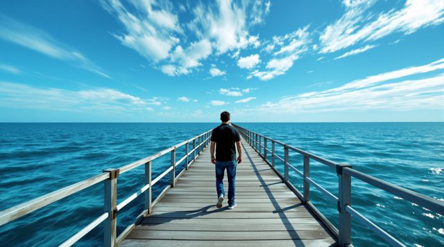 Dolly Zoom example: a figure seen from behind on a pier, the background sea and sky stretched and warped behind them, vertigo effect