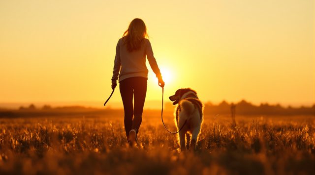 Golden Hour example: a woman walking a dog across a field, the low sun behind them, long shadows, warm haze