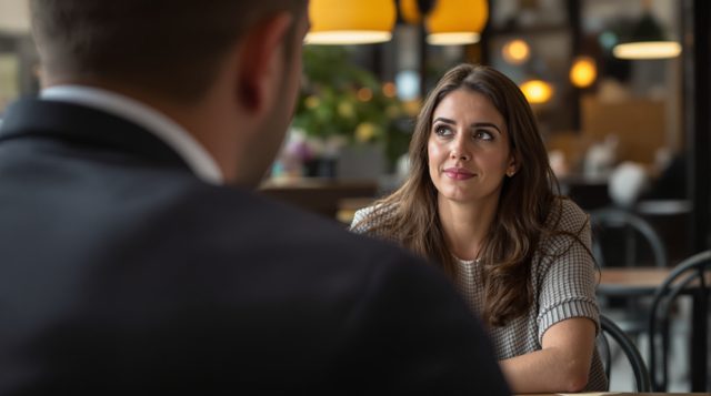 Over-the-Shoulder example: over the shoulder of a woman across a cafe table, the man facing her in focus