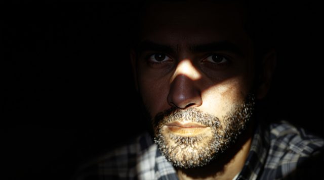 Triangle Key Light example: a portrait of a man lit from high to one side, a small triangle of light on his shadow cheek