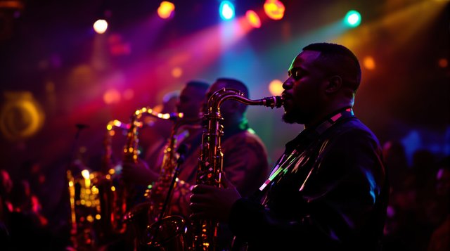 Afrobeat example: a gleaming horn section of saxophones on a hot crowded club stage in Lagos, sweat-hazy coloured lights