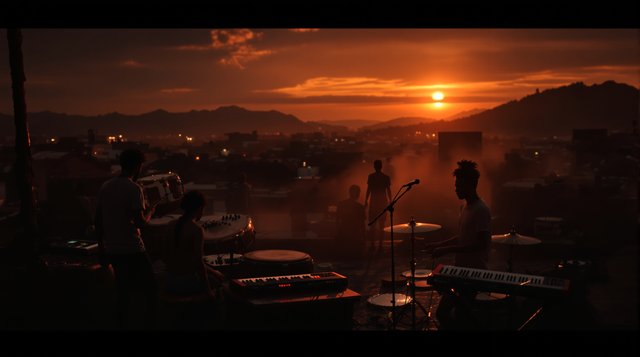 Amapiano example: a log drum and a keyboard on a township rooftop at sunset, warm smoky light, a crowd as soft silhouettes