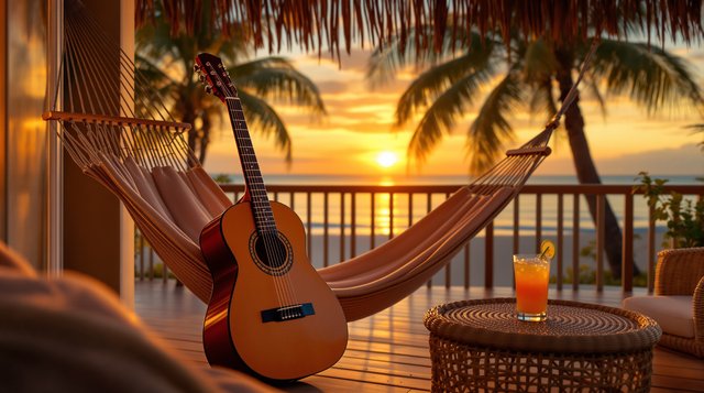Bossa Nova example: a nylon-string guitar leaning on a hammock on a breezy beach veranda at sunset, a cocktail on a rattan table