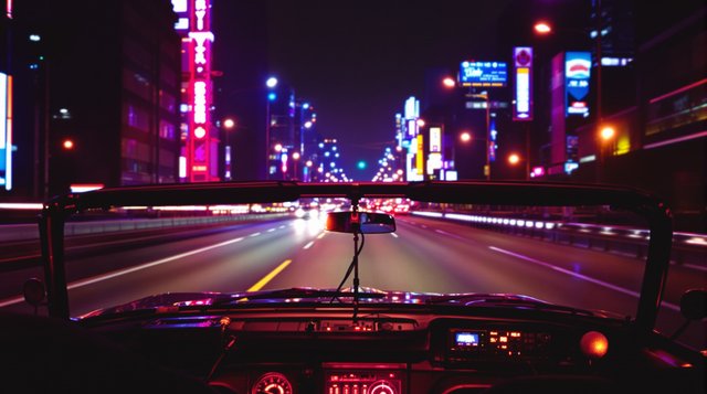 City Pop example: a convertible on a neon Tokyo expressway at night, a cassette and a microphone on the dashboard