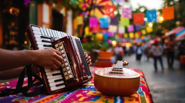 Cumbia example: an accordion and a guacharaca on a colourful street party table, papel picado flags, warm evening