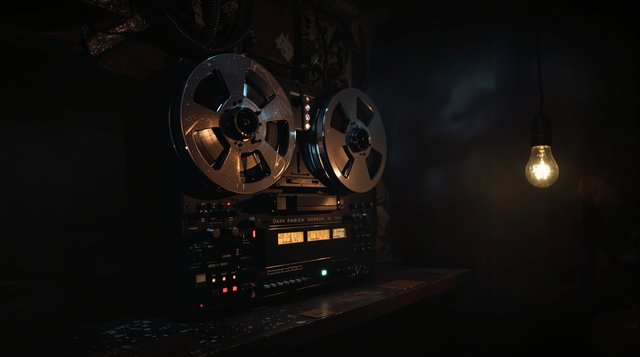Dark Ambient Horror example: an old reel-to-reel tape machine in an abandoned basement, cold breath of fog, a flickering bare bulb