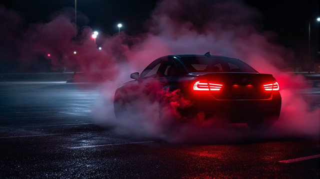 Drift Phonk example: tire smoke swirling in red tail-light glow on an empty night car park, the car seen only as a dark shape and two red lights, no badges
