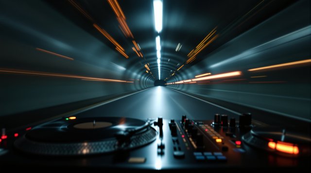 Drum and Bass example: a drum machine and turntable in a dark tunnel blurred with speeding lights, motion streaks