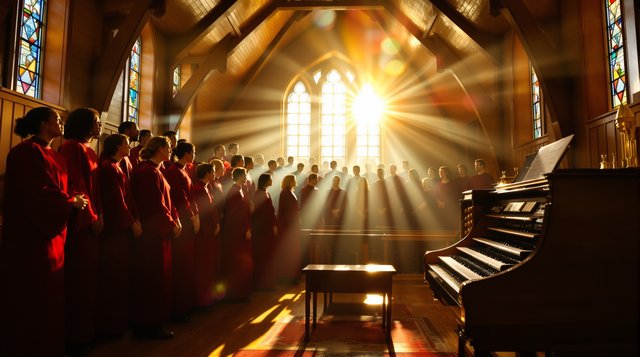 Gospel Choir example: rows of choir robes and a Hammond organ in a sunlit wooden church on a Sunday morning, light through stained glass