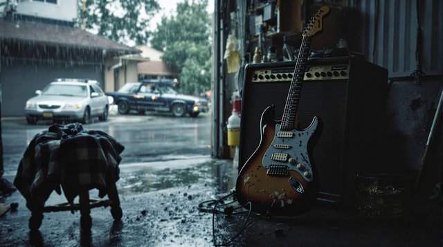 Grunge example: a battered electric guitar and amp in a damp Seattle garage, rain outside, flannel shirt on a stool