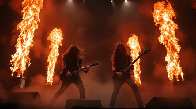 Heavy Metal example: twin electric guitars on a thundering stage with fire columns and smoke, galloping lights