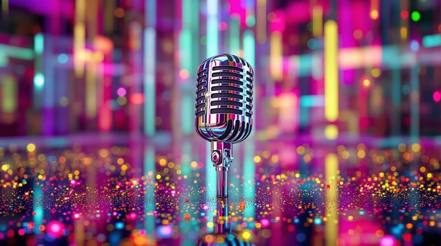 Hyperpop example: a glossy chrome microphone floating in a candy-coloured cyber room, glitter and pixel glitches