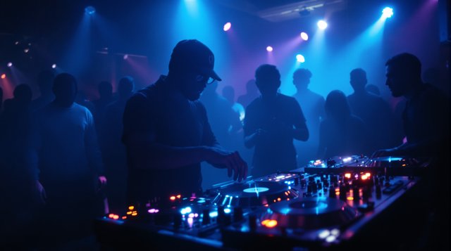 Jersey Club example: turntables and a sampler in a basement party with strobe lights, bouncing silhouettes