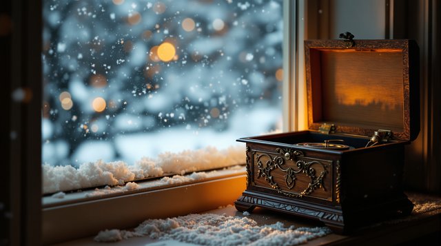 Music Box example: an open antique music box with a tiny turning comb on a child's windowsill, snow falling outside, warm nightlight