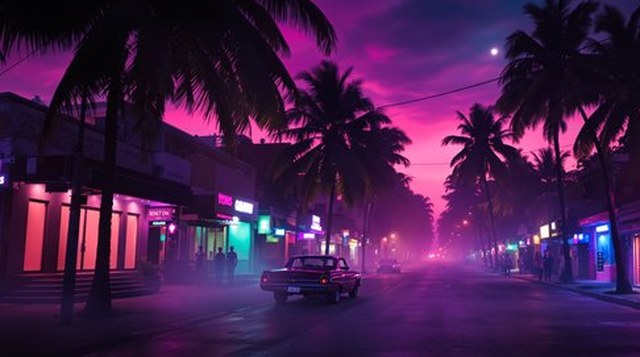 Reggaeton example: palm trees and pink and violet light over a humid Caribbean street at night, a classic car, blank glowing shopfronts with no signs