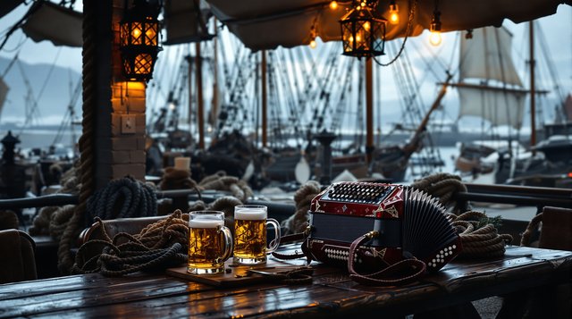 Sea Shanty example: an accordion and tankards on a tavern table by a harbour, ship lanterns, rope and sails outside