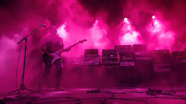 Shoegaze example: an electric guitar and a wall of effects pedals on a stage drowned in pink haze and blurred light