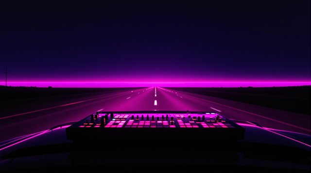 Synthwave example: an analog synthesizer glowing magenta on the hood of a car on an empty night highway, neon grid horizon