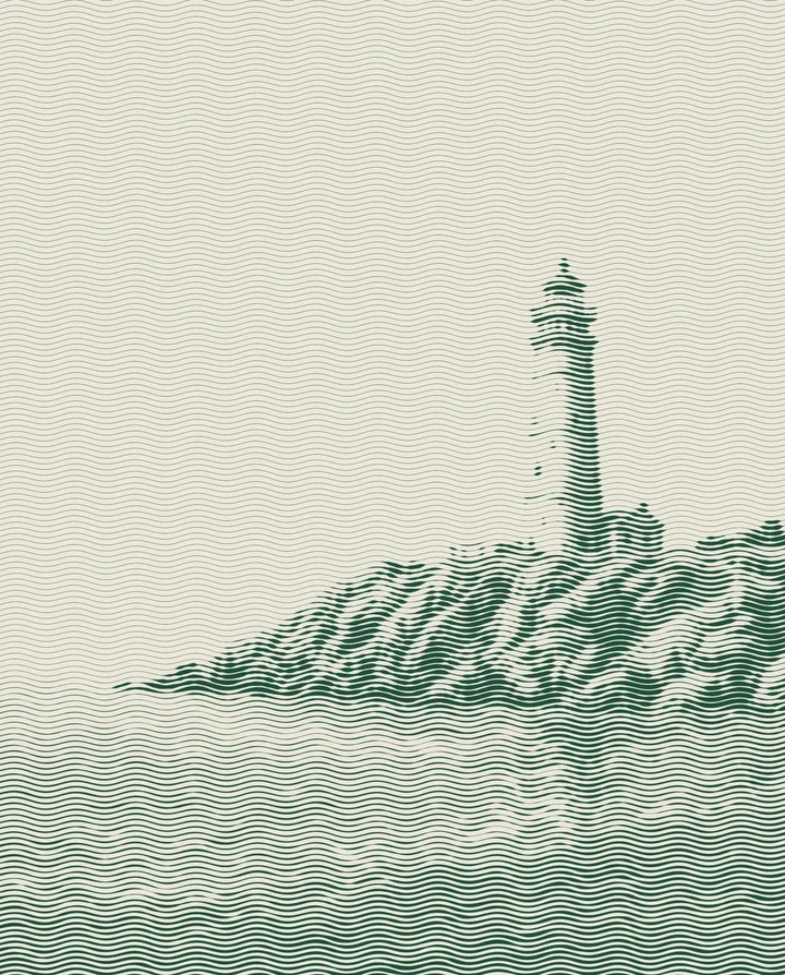 The shader version: the same lighthouse redrawn entirely in horizontal wave lines that swell in the shadows