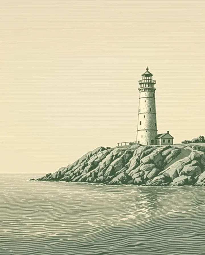 What the prompt gets you: an AI image of a lone stone lighthouse on a rocky headland above a calm sea, in green lines on cream, with crosshatched rocks