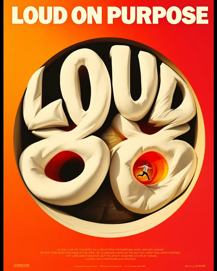 Loud type poster, made with this hand: a black type poster reading LOUD ON PURPOSE, the heavy letters warped and stretched around a rounded window that holds a giant bulging number 88