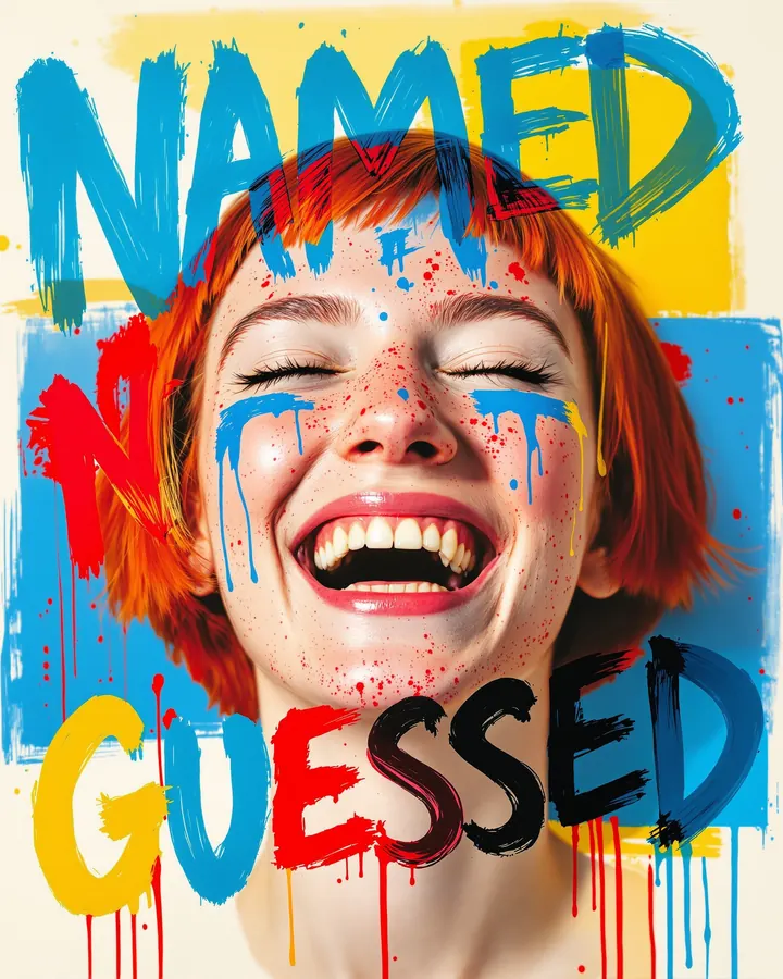 Hand-lettered portrait, made with this hand: a young woman with a short red bob and freckles laughing with her eyes closed, head and shoulders, the painted words NAMED NOT GUESSED