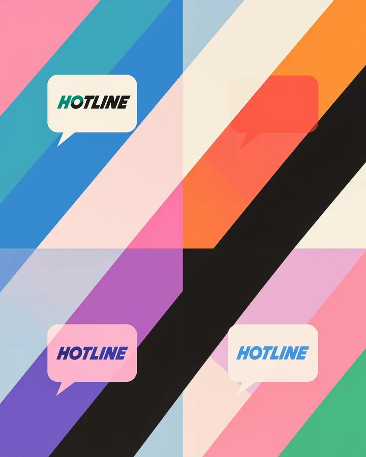 Maximalist brand kit, made with this hand: a brand sheet for a made-up phone shop, the wordmark HOTLINE in a speech-bubble badge