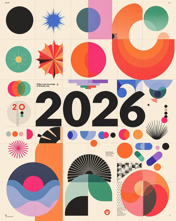 Year-in-review grid, made with this hand: a year-in-review grid of square tiles: a huge numeral 2026, starbursts, pills and half-circles, small body copy blocks in a few tiles